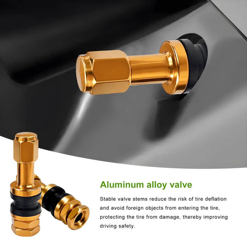 Close-up of gold Tubeless Metal Clamp In Valve Stems 5 Piece Set for 0.453 Inch Rim Holes showing aluminum alloy material.