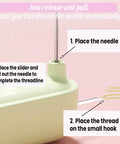 Close-up of Upgraded Automatic Needle Threader Set 3 Pack, 2 In 1 Needle Threader And Seam Ripper, showing threading instructions.