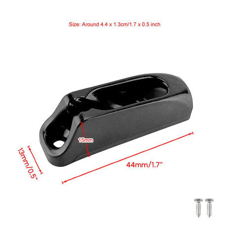 Close-up view of black nylon 2 Piece Boat Cleat Self Lock Rope Cleat Nylon Clam Cord Tensioner with included screws, size 44mm x 13mm.