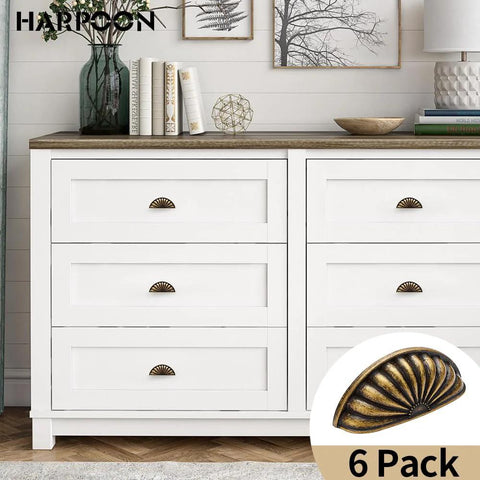 6 Pack Bin Cup Drawer Handles Set For Cabinets And Furniture, Vintage Kitchen Pulls, antique brass handles on white dresser