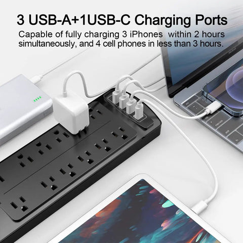 Six Foot Surge Protector Power Strip With Twelve Outlets And Four USB Ports, Heavy Duty Extension Cord, 2700 Joules, Overload Protection, Perfect For Home Office, Gaming Setup, And More. Black power strip with 12 outlets and 4 USB ports on desk