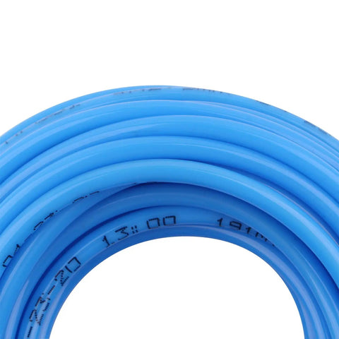 Close-up of blue polyurethane pneumatic hose, coiled, 10mm outer by 6.5mm inner diameter, 100 meter roll for compressors and tools.