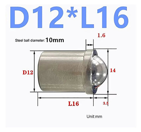 Five Piece Premium 304 Stainless Steel Press In Spring Ball Plungers D12 X L16 dimensions with steel ball details.