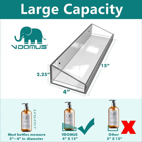 Diagram of 15x4 inch Clear Acrylic Bathroom Shelves Set Of 2 15x4 Inches Floating Wall Shelves For Storage And Display No Drill Shower Organizer highlighting dimensions and capacity.