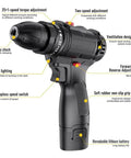 Rechargeable Cordless Drill And Electric Screwdriver Set Featuring 25 Plus 1 Torque Adjustments Dual Speed Alloy Chuck And Bright LED Light Ventilated design with ergonomic grip for home repairs.
