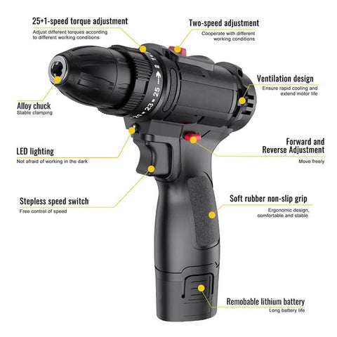 Rechargeable Cordless Drill And Electric Screwdriver Set Featuring 25 Plus 1 Torque Adjustments Dual Speed Alloy Chuck And Bright LED Light Ventilated design with ergonomic grip for home repairs.