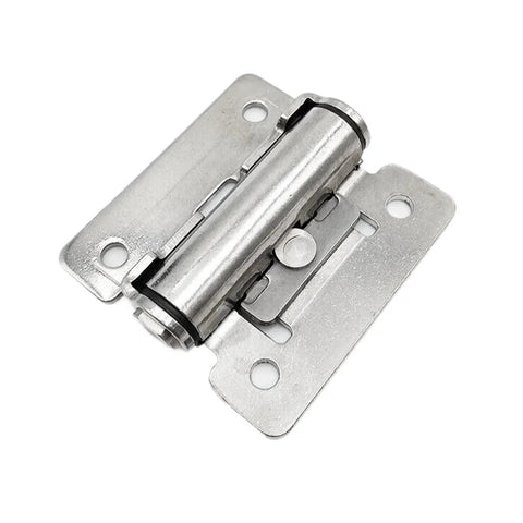 Concealed 90-degree cabinet hinge with mounting plate, silver metal, torque-damping, close-up view