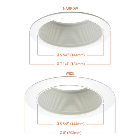 Two views of Six Inch Recessed Ceiling Light Trim With White Straight Side Metal Baffle For E26 Screwbase Lamps