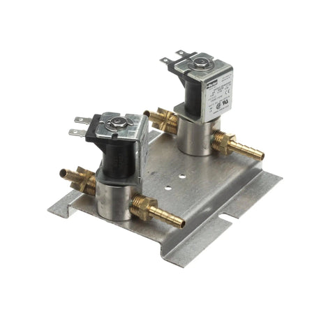 Water Inlet Float Valve Assembly Replacement Part S105987 For Commercial Food Service Equipment Easy Install Pro Grade Durable Valve Unit That Keeps Water Flow Reliable., metal dual-valve assembly with brass hose fittings on mounting plate