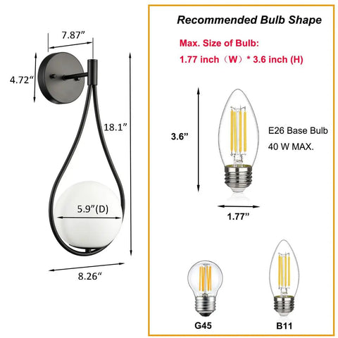 Mid Century Globe Wall Sconce Light With Brass Finish Modern Vanity Wall Lamp Opal Globe Glass 8.26 Inch Diameter 18.1 Inch Height, bulb sizes