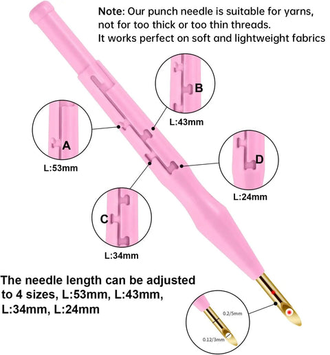 Pink punch needle with adjustable lengths in All In One Punch Needle Kit With Wooden Handle Embroidery Tools for crafts