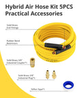 Grip And Go Hybrid Air Hose 3/8 Inch X 25 Feet With Quick Connect Fittings, yellow hose with brass fittings and Teflon tape.