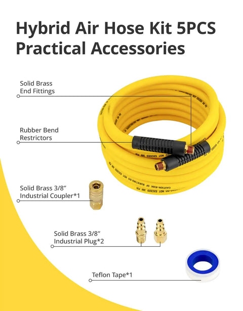 Grip And Go Hybrid Air Hose 3/8 Inch X 25 Feet With Quick Connect Fittings, yellow hose with brass fittings and Teflon tape.