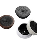Slick 18 Pc Desk Wire Grommet Kit With Tough Abs And Rubber Rings For Organizing Cables Under Office Tables And Keeping Workspaces Super Clean And Cable Safe, round desk cable grommets in black, brown, and white
