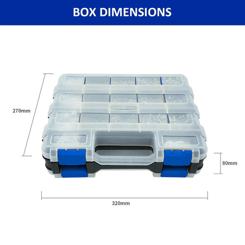Built Tough Stainless Steel 304 Bolt Nut And Washer Assortment Kit 1575 Pieces blue storage case dimensions 320mm x 270mm x 80mm.