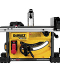 Badass Cordless Table Saw With 8 Inch Blade And 24 Inch Rip Capacity Featuring Flexvolt Auto Voltage Switching Battery Power and Precision Rack Pinion Fence Setup For Serious Shop Projects And Daily Grinds, front view.