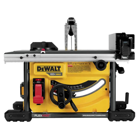 Badass Cordless Table Saw With 8 Inch Blade And 24 Inch Rip Capacity Featuring Flexvolt Auto Voltage Switching Battery Power and Precision Rack Pinion Fence Setup For Serious Shop Projects And Daily Grinds, front view.