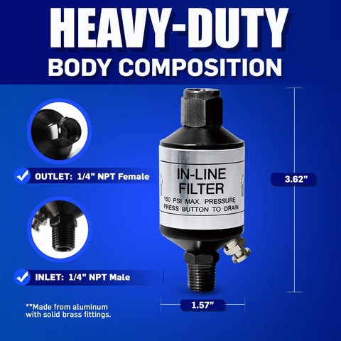 Inline Moisture Separator And Air Dryer With Push Button Drain Valve 1 Quarter Inch NPT for HVLP Spray Gun and Plasma Cutter