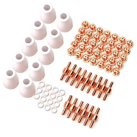 Top Tier 75-Pc Plasma Cutting Torch Consumables Kit For Pt-31 Cut40 with copper tips and ceramic rings for welding.