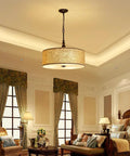 Room with Beige Drum Pendant Chandelier For Dining Room, Farmhouse Style With White Linen Shade, 3 Light E26 Fixture, cozy lighting