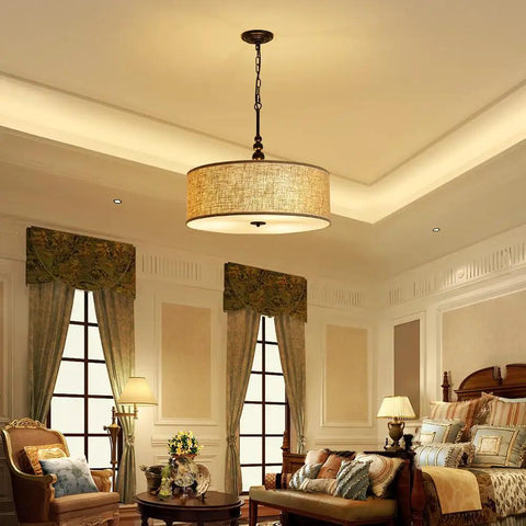 Room with Beige Drum Pendant Chandelier For Dining Room, Farmhouse Style With White Linen Shade, 3 Light E26 Fixture, cozy lighting
