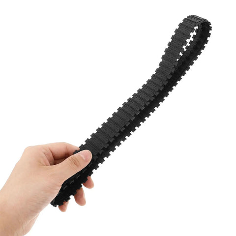 Hand holding black rubber tank track from Two Pack Rubber Tank Tracks For RC Chassis Long Wide DIY Replacement For Crawlers