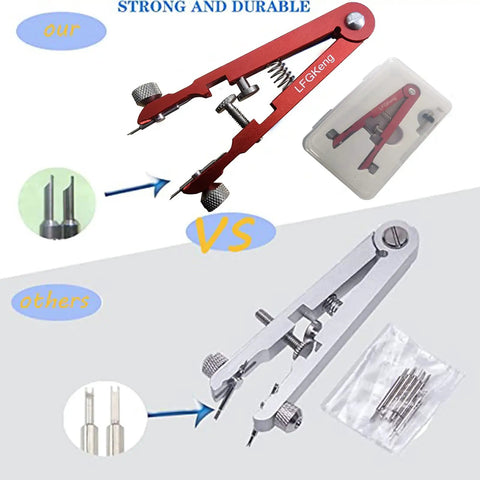 Pro Grade Watch Spring Bar Pliers Tool Set for Easy Band Removal and Strap Replacement With 8 Alloy Steel Pins shown in red finish.