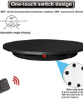 Slick Black Electric Turntable Motorized Rotating Display Stand With Remote Control, showcasing adjustable angle and non-slip base.