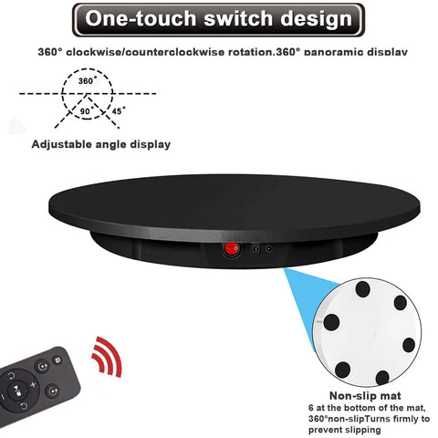 Slick Black Electric Turntable Motorized Rotating Display Stand With Remote Control, showcasing adjustable angle and non-slip base.