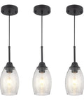 Black Seeded Glass Mini Pendant Light Adjustable Pendant Fixtures With Handblown Seeded Glass Shade in 3 Pack