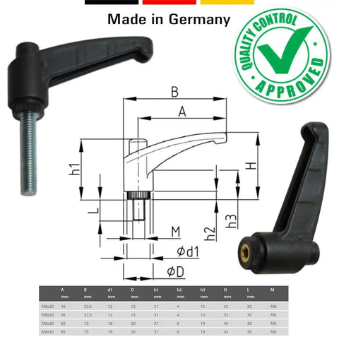 Heavy Duty M6 X30mm Male Threaded Clamping Handle With Quick Toggle Locking Knob For Workshop Machinery Fixture Hold Down, showing detailed dimensions.