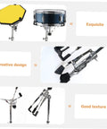 Rock Solid Heavy Duty Snare Drum Stand Adjustable Portable Alloy Rack With Quick Release Storage Shelf For Gig Ready Bands, featuring drum and adjustable clamps.