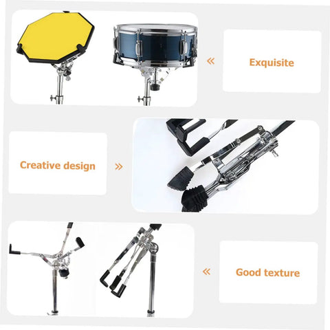 Rock Solid Heavy Duty Snare Drum Stand Adjustable Portable Alloy Rack With Quick Release Storage Shelf For Gig Ready Bands, featuring drum and adjustable clamps.