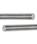 Two 12-inch 3/8-16 stainless steel threaded rods, fully threaded, UNC right-hand threads, close-up view