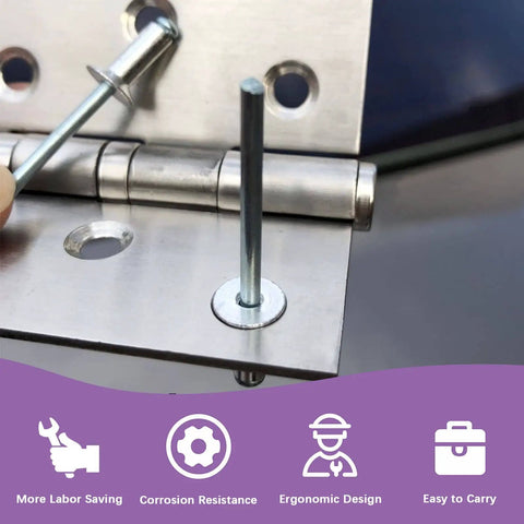 Close-up of All In One Go-To Rivet Kit With Aluminum Blind Rivets And Manual Gun, showing rivet installation on metal surface.