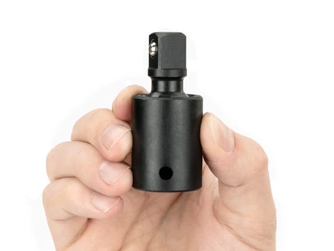 1/2 Inch Drive Impact Universal Joint Pivots A Full 30 Degrees, hand holding a durable black socket tool for mechanics.