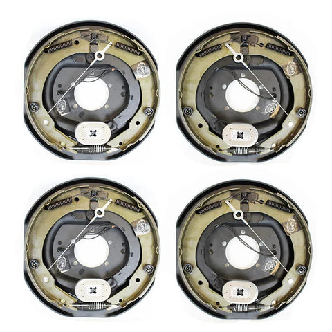 Four TruRyde self-adjusting electric trailer brake assemblies with hardware, 12 x 2 inches, front view