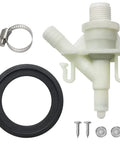 RV toilet water valve kit with white plastic valve body, black rubber gasket, hose clamp, screws, and filter screens.