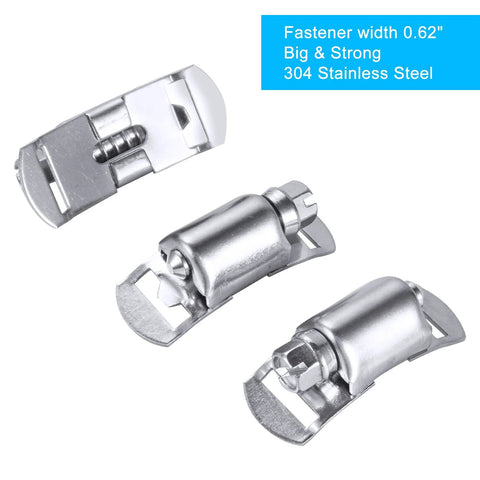 Stainless steel DIY band clamp components, front view, three pieces with screw fasteners