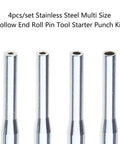 Pro Grade Stainless Steel Hollow End Roll Pin Starter Kit Set displayed with four multi-size tools for easy pin insertion.
