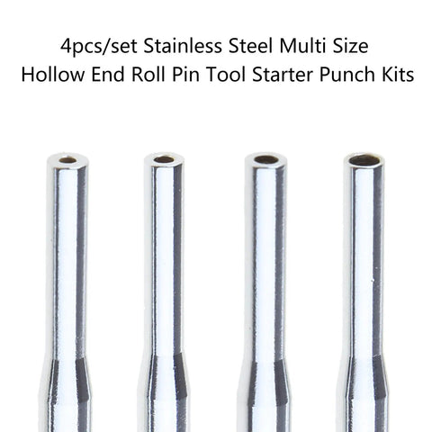 Pro Grade Stainless Steel Hollow End Roll Pin Starter Kit Set displayed with four multi-size tools for easy pin insertion.