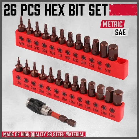 Heavy Duty 25 Piece Allen Wrench Drill Bit Set With Magnetic Tips Includes SAE Metric Hex Keys S2 Steel Bits