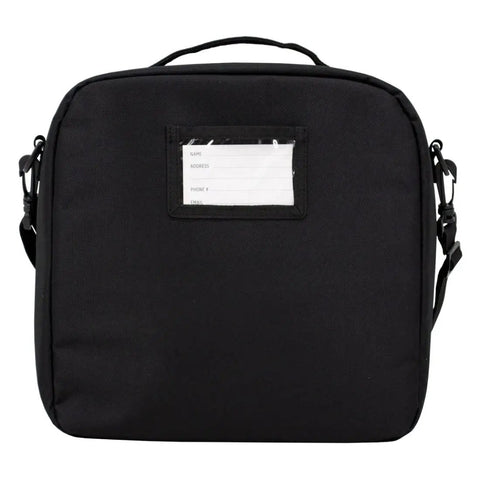 Black heavily padded regulator bag for scuba gear with shoulder strap and ID window; made from recycled fabrics with D rings visible.