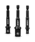 Impact Grade Socket Adapter Set Three-Piece With Bit Holder One Quarter Inch Three Eighths Inch SAE Hex Shank Chrome Vanadium Black