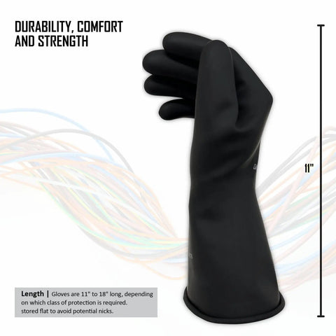Class 00 Insulating Lineman Safety Gloves, Natural Rubber Latex, 11 Inch Length, Non Conductive, Electrical Insulation For Low Voltage Up To 500V AC And 750V DC, 1 Pair shown in side view