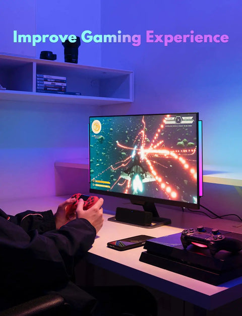 Two Pack RGB Under Monitor Lights With 353 Color Modes And Remote Control for gaming setup illuminating a desk
