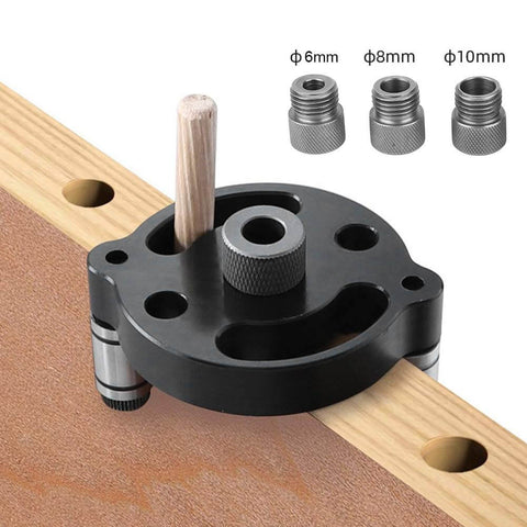 Self Centering Doweling Jig Handheld Drill Guide Pro Grade For Precise Furniture Assembly And Woodworking Holes Wood Panel Hole Locator With Aluminum Alloy Construction For Accurate Dowels And Easy Drill Alignment, shown on a wood panel with drill bit sizes 6/8/10mm displayed.