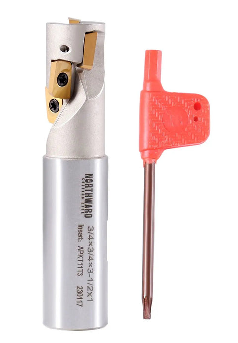 Three Quarter Inch One Flute Weldon Shank Helical Indexable End Mill APKT11T3 Inserts For Slotting And Finishing, Overall Length Three Point Five Inches, Flute Length One And Three Thirty Seconds Inches, Four Inserts, Heavy Duty Ninety Degree Cutter