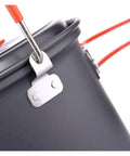Close-up of handle detail on hangable camping pot kitchen gear for outdoor cooking nonstick cookware for 2 to 3 people on hikes and picnics