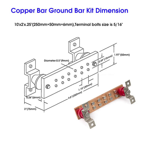Dimensions of Four Pack Wall Mount Copper Ground Bar Kit With Quarter Inch Thick 2 Inch By 10 Inch Bus Bar 12 Terminal Positions